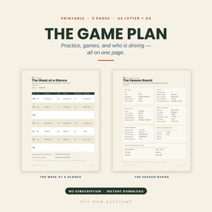 Puede incluir: Un planificador digital imprimible de tres páginas titulado The Game Plan, que incluye una plantilla de horario semanal llamada The Week at a Glance y una de temporada llamada The Season Board, para formatos US Letter y A4.