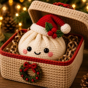Peut inclure: Un jouet en crochet beige en forme de ravioli avec des yeux noirs et des joues roses, portant un bonnet de Père Noël rouge avec des feuilles de houx vertes et des baies rouges, placé dans une boîte en crochet beige avec un liseré rouge.