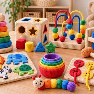Könnte beinhalten: Eine Sammlung von gehäkelten Entwicklungsspielzeugen, darunter ein Stapelturm, ein Formensortierwürfel, ein Perlenlabyrinth, eine Klopfbank, ein Tierpuzzle, ineinander stapelbare Schalen, ein Schnürbrett mit Knöpfen und eine Raupe.