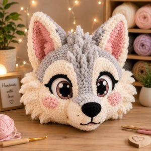 May include: A plush, hand-crocheted wolf head pillow featuring thick, textured yarn in shades of cream, light gray, and pink. The design includes large, expressive eyes with black outlines, pink cheeks, and a prominent black nose, crafted in a soft, chunky style.