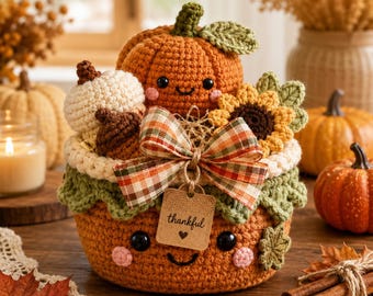 May include: A crocheted basket featuring a large orange pumpkin face, a smaller white pumpkin, a brown acorn, and a sunflower. The basket is decorated with a plaid ribbon and a tan tag with the word thankful and a heart symbol printed on it.