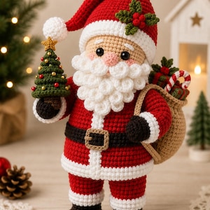 May include: A crocheted Santa Claus figurine wearing a red suit with white trim, a black belt with a tan buckle, and black boots. Santa holds a small green Christmas tree with red beads and carries a tan sack filled with gifts and a candy cane.