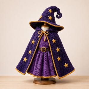 Può includere: Un set da costume da mago all'uncinetto viola composto da un cappello a punta con la punta arricciata e un mantello con cappuccio abbinato. Entrambi i pezzi sono decorati con applicazioni a stella gialle e bordi gialli. Una cintura marrone con fibbia è indossata in vita.