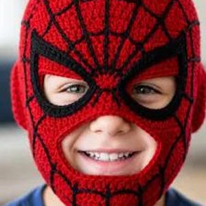 May include: A red crochet balaclava featuring a black web pattern and black eye outlines. The headgear covers the top of the head and sides, leaving an opening for the eyes and mouth, crafted with a textured yarn stitch throughout the design.