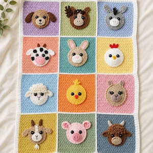 May include: A crochet blanket featuring a grid of twelve colorful squares, each displaying a different animal face including a dog, horse, donkey, cow, rabbit, chicken, sheep, chick, llama, goat, pig, and bull, all bordered in white yarn.