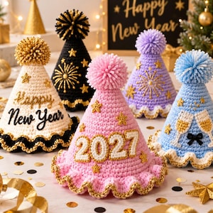 かぎ針編み新年パーティーハットパターンPDF | 2027年パーティーハットセット | 5デザイン | 9～12インチ / 23～30cm | 花火とシャンパン | 即時ダウンロード