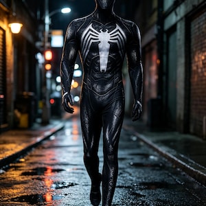 May include: A full-body black bodysuit featuring a textured, scale-like pattern and a large, white, stylized spider emblem centered on the chest. The suit includes a matching black mask with large, white, almond-shaped eye lenses.