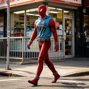 Op de afbeelding: Een rood spandex pak over het hele lichaam met een mouwloos blauw vest met capuchon en een zwart spinnenembleem op de borst. De outfit bevat een gereedschapsriem, polsbanden en enkelbanden. Het rode masker heeft witte ooglenzen en bedekt het hoofd.