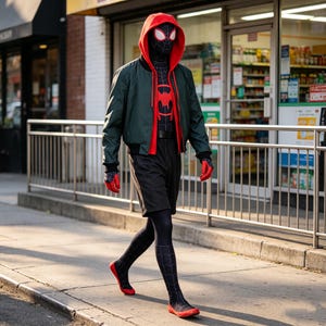 May include: A full-body costume featuring a black bodysuit with a red spider emblem and web pattern, a red hooded sweatshirt, a dark green bomber jacket, black shorts, and red-accented gloves and footwear, worn as a complete superhero outfit.