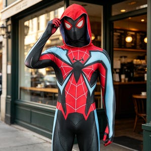 May include: A full-body spandex costume featuring a black, red, and light blue color scheme with a spider web pattern on the chest and a large black spider emblem. The suit includes an attached hood, long sleeves, and a mask with white eye lenses.