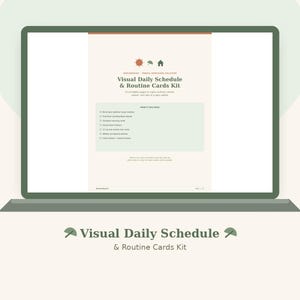 May include: A digital display showing a Visual Daily Schedule & Routine Cards Kit. The page features a sun, tree, and house icon, a list of included items, and text detailing 12 printable pages for daily routines, chores, and a daily habit tracker.