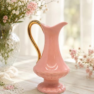 Vintage Crown Devon rosa kanna tillverkad i England guldkant piedestalkanna mitten av århundradet engelsk keramik