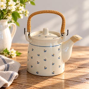 May include: A cream-colored ceramic teapot featuring a repeating pattern of small blue and brown flowers. The teapot has a curved spout, a matching lid, and a rounded handle wrapped in light brown woven rattan material.
