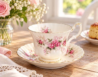 May include: A white porcelain teacup and saucer set featuring a delicate pink rose floral pattern with green leaves and gold trim along the scalloped edges. The teacup has a curved handle and sits on a matching saucer with a fluted design.