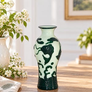 Vintage Chinese Peking Glass Vase Green Overlay White Koi Fish Aquatic Motif 13” Art Glass