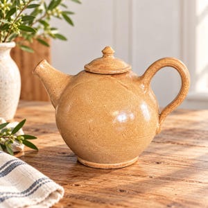 May include: A round, light brown ceramic teapot with a glossy, speckled glaze finish. The teapot features a curved handle, a short spout, and a matching removable lid with a small knob handle, showcasing a smooth, rounded body shape.