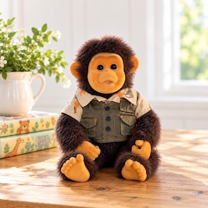 Vintage 1990s Little Monkey Lost Plush Monkey Toy – Working Sound Monkey Doll – Dressed Chimp Collectible – 9.5 Inch