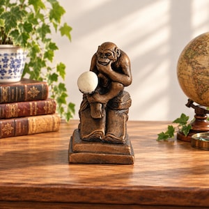 May include: A bronze-colored sculpture of a chimpanzee sitting on a stack of books, with one hand resting on its chin and the other holding a small white sphere. The base of the sculpture features the word Darwin inscribed on the side of a book.