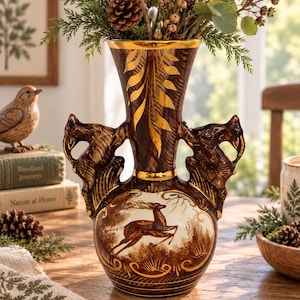 May include: A dark brown ceramic vase featuring a central cream-coloured medallion with a painted deer illustration. The vase has two ornate handles, gold-painted leaf accents on the neck, and a glossy finish with gold trim around the rim and base.