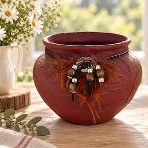 Vintage Southwestern Leather- Like  Covered Pottery Vessel | Feather Beaded Concho Bowl | Rustic Western Boho Decor