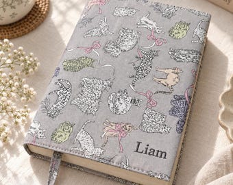 Copertina per libro personalizzata con stampa di gatto, nome ricamato su misura, segnalibro regolabile in cotone per lettori di Bibbia, regalo.