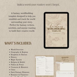 May include: A digital fantasy worldbuilding template featuring a beige background with map graphics. The text includes Fantasy Worldbuilding Template, What's Included, and a list of sections like World Overview, Geography, and Magic System.