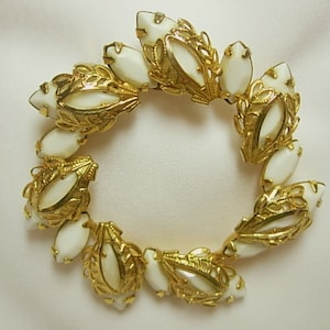 Vintage White Milk Glass Wreath Brooch Gold Tone Filigree Opaque Prong Set Marquise Cut Stones