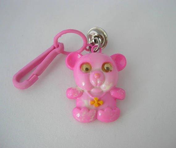 Vintage 80/'s Plastic Charm Bell clip Necklace white Teddy Bear Google Eyes