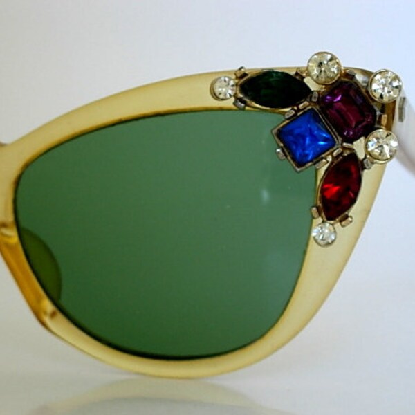 Vintage Translucent Yellow Gold Jeweled Cat Eye Sunglasses Eyeglass Frames LARGER Size Multi Color Jonquil Amethyst Red Sapphire Blue Green