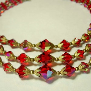 Three Strand Red Siam AB Graduated Bicone Rhinestone Beads Vintage Choker Necklace Ornate Detailed Gold Tone Metal End Caps Art Deco Flapper