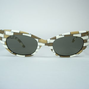 Art Craft Dramatic Cat Eye Holiday Model Vintage Eyeglass Frames Neutral Shades Lucite Color Block Brick Pattern SMALLER Fit
