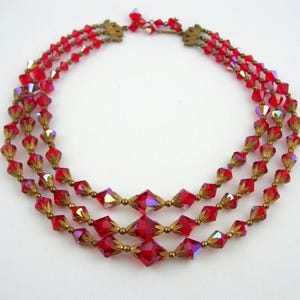 Three Strand Red Siam Graduated Bicone Rhinestone Beads Vintage Choker Necklace Ornate Gold Tone Metal End Caps Art Deco Flapper