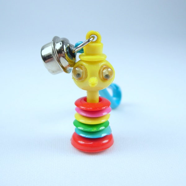 Plastic Bell Charm True Vintage Weird Googly Eyed Duck Bird? With Hat Colorful Stacked Discs on Neck 80s Fad