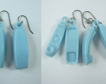 Pastel Blue Trimline Phone Plastic Vintage Charm Earrings Niobium Hypoallergenic Ear Wires New Old Stock