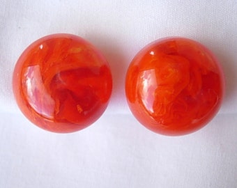 Orange Bakelite Button Clip On Vintage Earrings Marbled Gold Tone Metal Simichrome Tested 1950s 50s