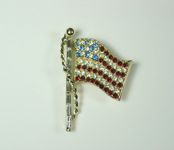 Jewelry Vintage United State Flag Rhinestone Brooch Red White and Blue