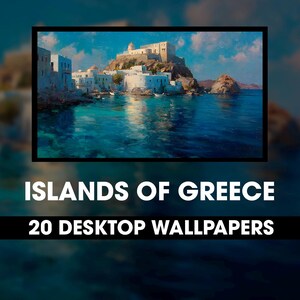 Puede incluir: Una colección digital titulada ISLANDS OF GREECE 20 DESKTOP WALLPAPERS que presenta una pintura de paisaje enmarcada de edificios blancos en una costa rocosa sobre aguas azul vibrante bajo un cielo brillante y nublado.