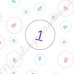 Pode incluir: Um fundo branco com um padr&atilde;o de c&iacute;rculos espalhados em v&aacute;rias cores. Cada c&iacute;rculo cont&eacute;m um caractere, incluindo o n&uacute;mero 1 em roxo, as letras A, B, a, b em rosa ou azul, e os n&uacute;meros 01, 02 em verde, todos com sublinhados.
