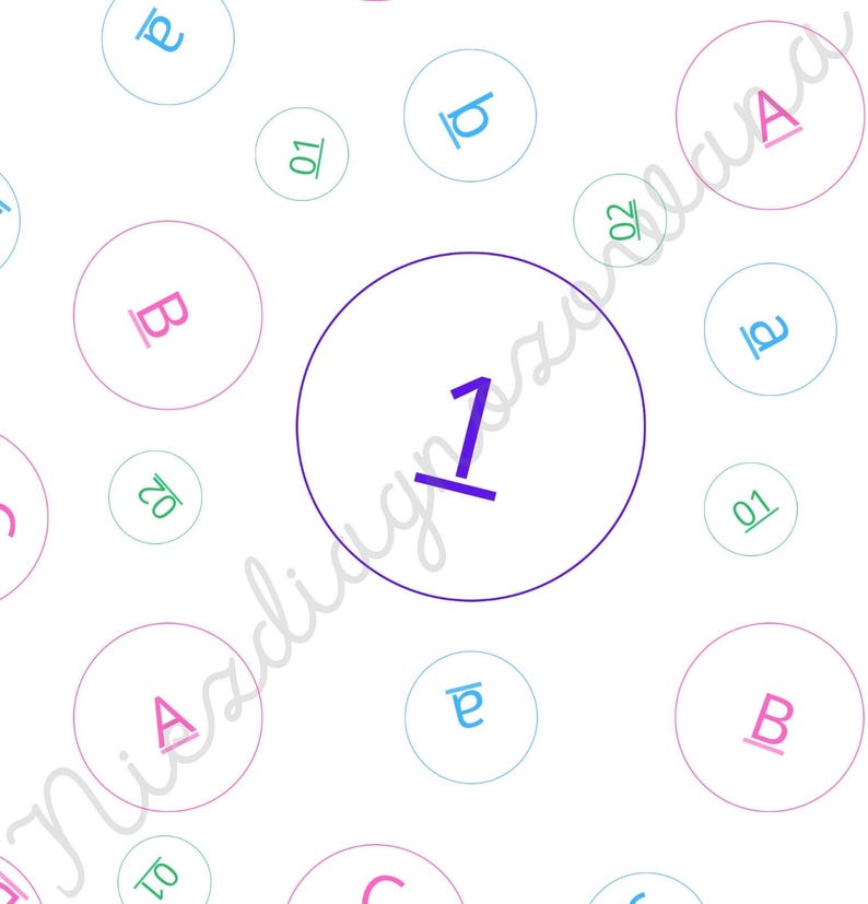 Pode incluir: Um fundo branco com um padr&atilde;o de c&iacute;rculos espalhados em v&aacute;rias cores. Cada c&iacute;rculo cont&eacute;m um caractere, incluindo o n&uacute;mero 1 em roxo, as letras A, B, a, b em rosa ou azul, e os n&uacute;meros 01, 02 em verde, todos com sublinhados.