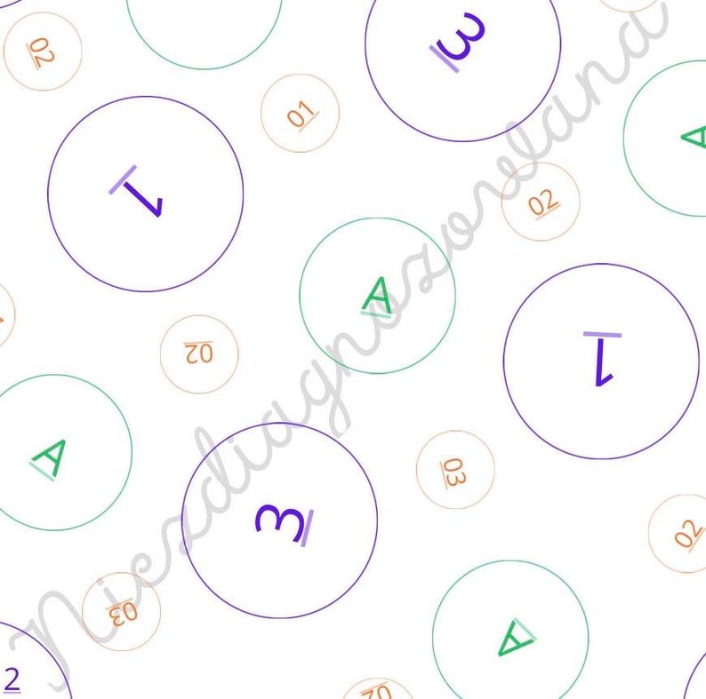 Pode incluir: Um fundo branco com um padr&atilde;o repetitivo de c&iacute;rculos de v&aacute;rios tamanhos. Os c&iacute;rculos s&atilde;o delineados em roxo, verde ou laranja claro. Dentro dos c&iacute;rculos est&atilde;o os n&uacute;meros 1, 2, 3 ou a letra A em tinta roxa, verde ou laranja.