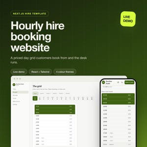 May include: A Next.js hire template for an hourly booking website displayed on a desktop and mobile interface. The design features a dark green background with white text, a grid layout for court scheduling, and pricing in British pounds.