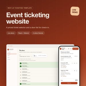 May include: A digital interface for an event ticketing website template featuring a desktop view of a door list and a mobile view of a ticket selector. The text includes Next.js Ticketing Template, Event ticketing website, Live demo, and React + Tailwind.