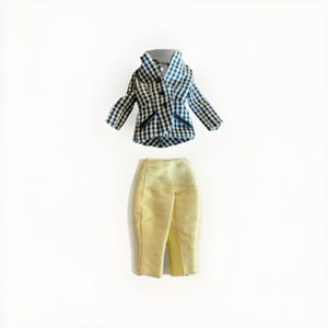 May include: A miniature doll outfit consisting of a black and white gingham blazer with long sleeves, a notched collar, and dark trim on the pockets, paired with a set of solid pale yellow trousers featuring a textured fabric finish.