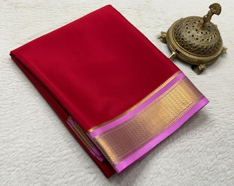 Sari de seda pura de Mysore / Borde KSIC tejido a mano, colores contrastantes, certificado Silk Mark.