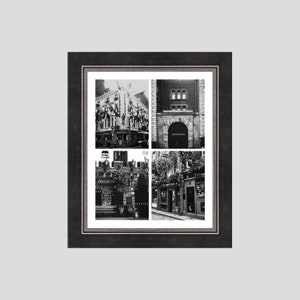 Op de afbeelding: Zwart-wit ingelijste print met vier verschillende architecturale afbeeldingen. De afbeeldingen tonen gebouwexterieurs, waaronder een pub met de tekst "The Temple Bar" en een andere met de tekst "Guinness". De lijst is donker met een zilveren binnenrand.
