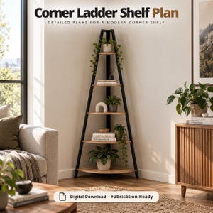 Puede incluir: Un plano de estantería esquinera tipo escalera con marco de metal negro y cinco estantes de madera clara. El texto dice Corner Ladder Shelf Plan, Detailed Plans for a Modern Corner Shelf y Digital Download Fabrication Ready. Los estantes contienen plantas y libros.