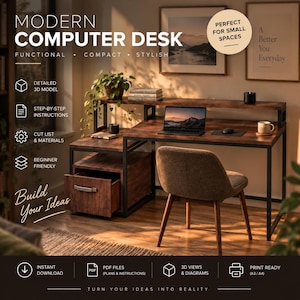 Modern Industrial Computer Desk Plans – Wood & Steel DIY Furniture (Digital Download)