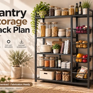 May include: A black metal pantry storage rack with five main shelves and a side section featuring four wire baskets. The rack holds glass jars, a white pot, books, and produce. Text on the left reads Pantry Storage Rack Plan.
