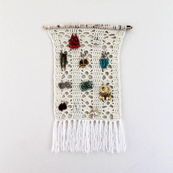 Boho Earring Holder-Crochet Hipster Knit Jewelry Organizer- Earring Display-Earring Hanger- Housewares- Wall Hanging-