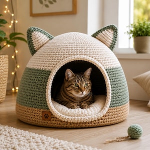 Può includere: Una cuccia per animali domestici all'uncinetto a forma di cupola con design a orecchie di gatto. L'esterno presenta blocchi di colore crema, verde salvia e marrone chiaro. Una toppa marrone in similpelle con un'impronta di zampa è sul davanti.